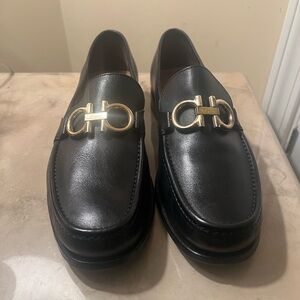 Salvatore Ferragamo Black Leather Loafers with Gold Accent